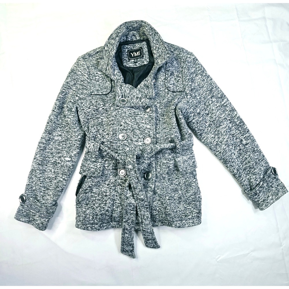 YMI Women's Size Large Pea Coat Jacket L Grey Marled Knit Belted Double Breasted